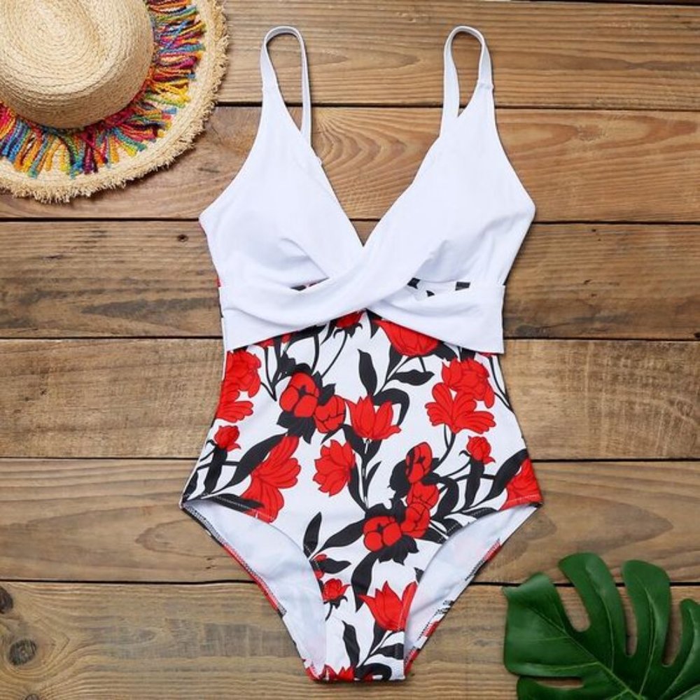 WHITE/ RED FLORAL ONE PIECE SWIMSUIT